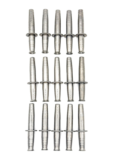 Fifteen 5/16 inch stainless steel maple syrup taps in three rows