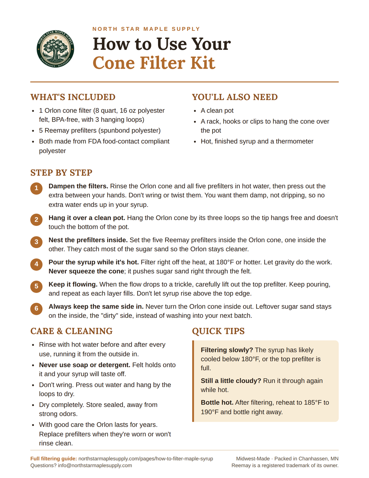 How to Use Your Cone Filter Kit instruction card included in the North Star Maple Supply filter kit