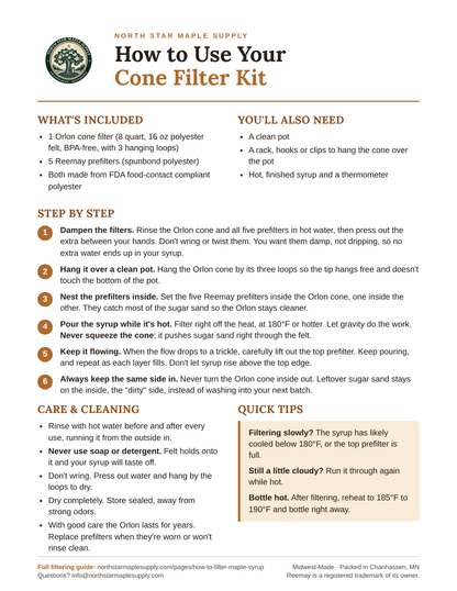 How to Use Your Cone Filter Kit instruction card included in the North Star Maple Supply filter kit