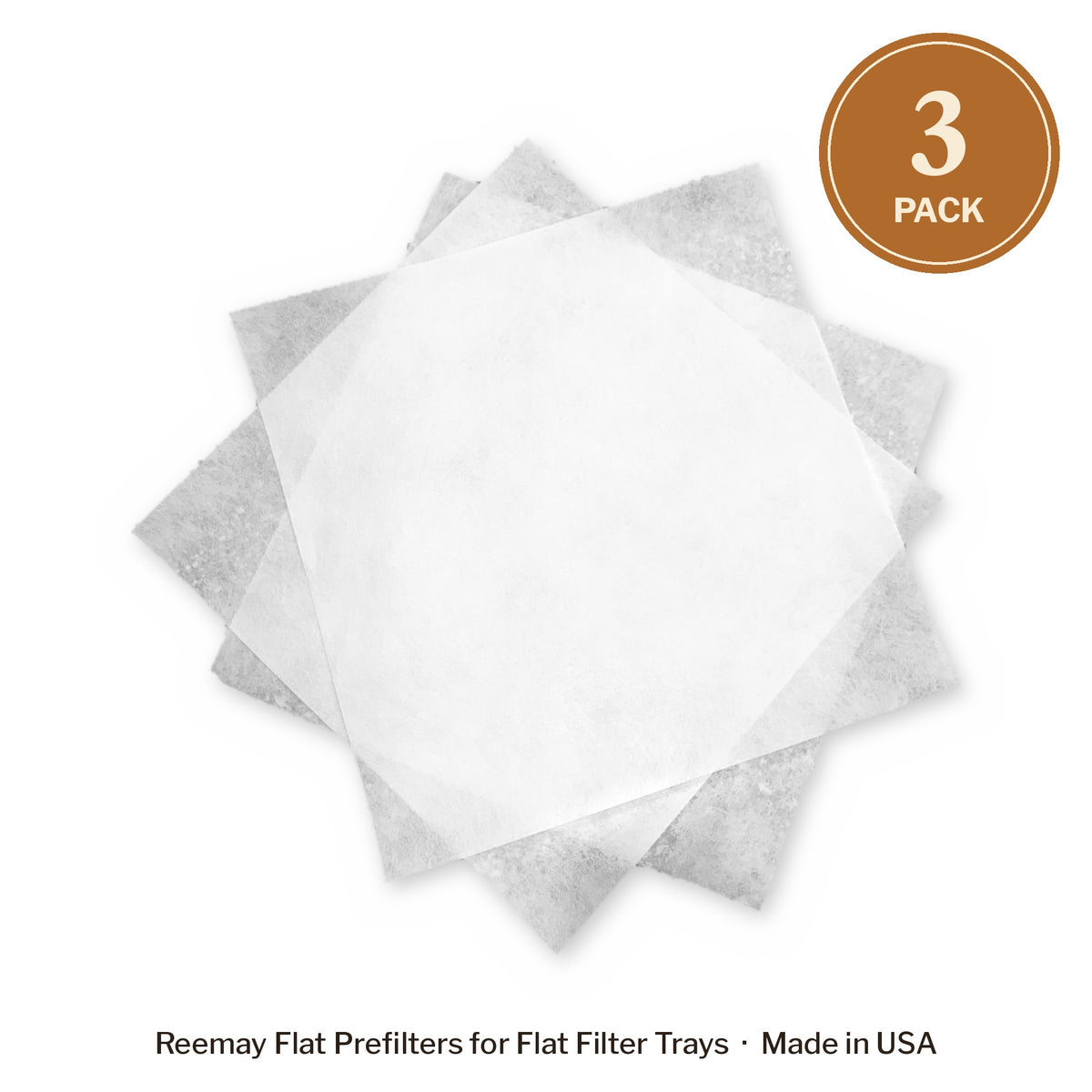 3 pack of North Star Maple Supply 18 x 18 inch Reemay flat prefilters for maple syrup, fanned out on white