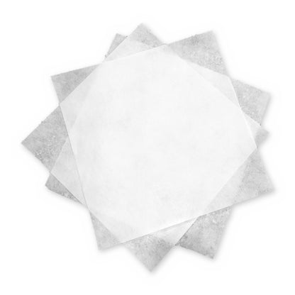 Three 18 x 18 inch Reemay flat prefilter sheets fanned out on a white background