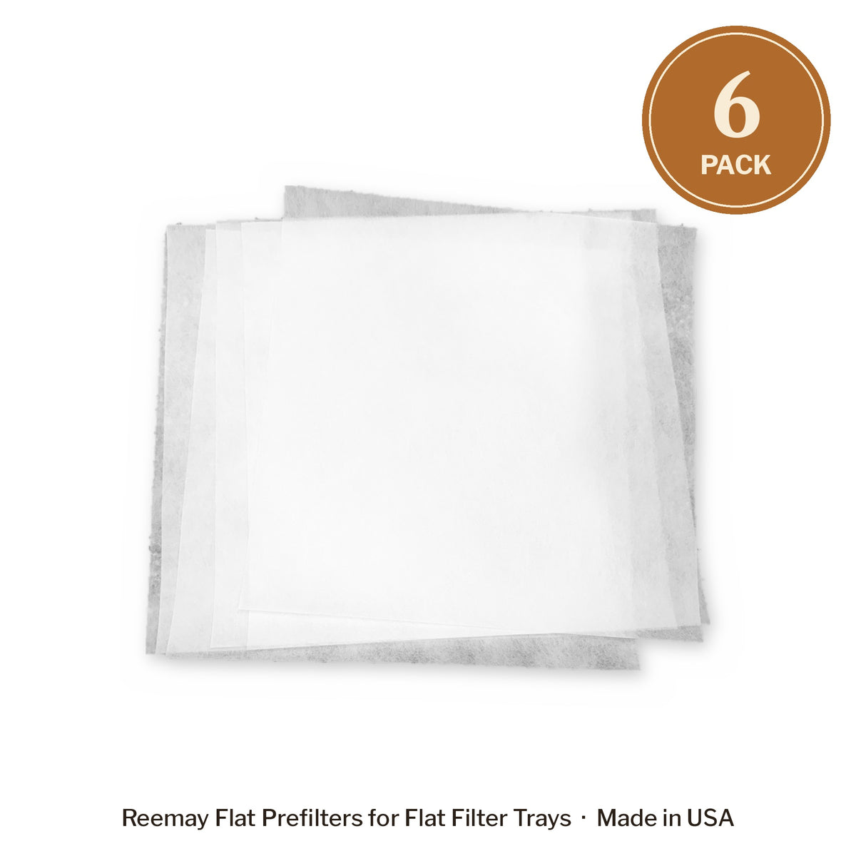 6 pack of North Star Maple Supply 18 x 18 inch Reemay flat prefilters for maple syrup, stacked on white