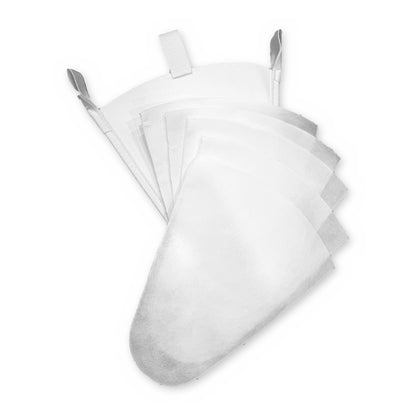 8 quart Orlon cone filter with three hanging loops and 5 Reemay prefilters fanned out on white