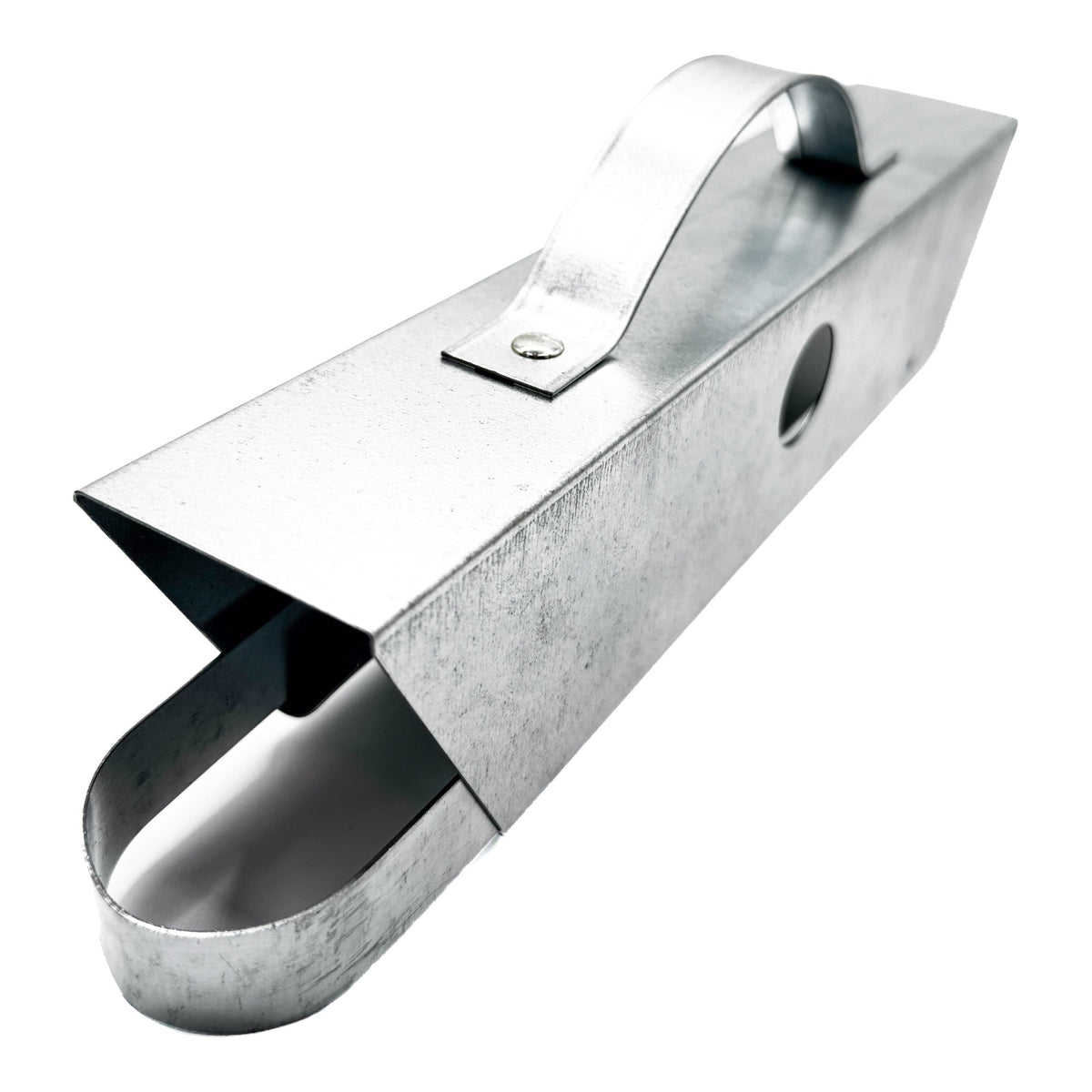 Galvanized steel sap bag holder on a white background