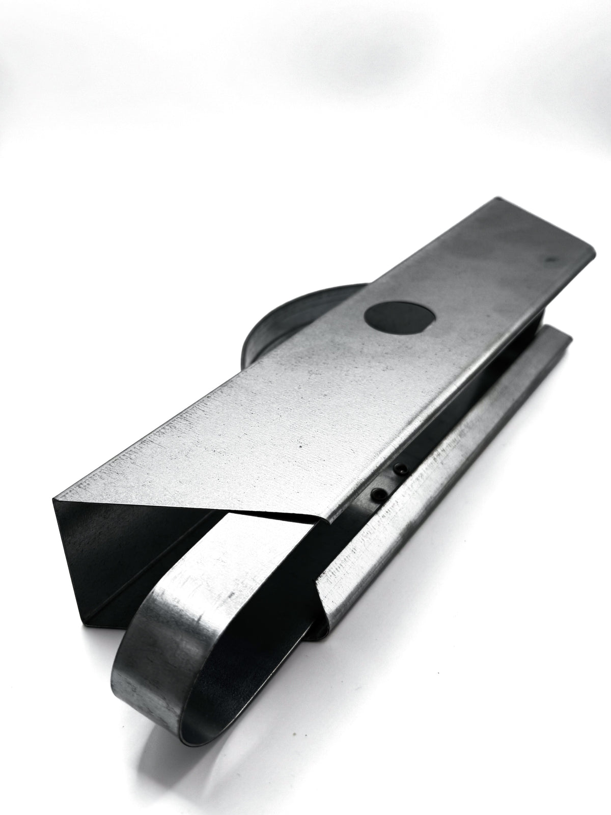 Galvanized sap bag holder showing the swing-down frame that holds the sap bag open