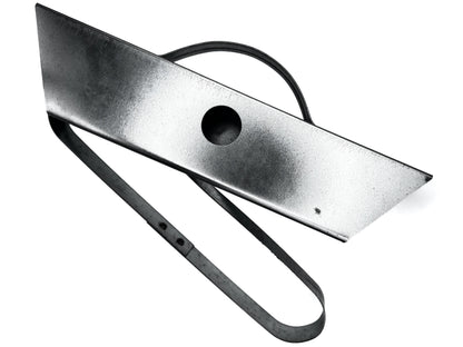 Top view of a galvanized sap bag holder with the bag frame swung open