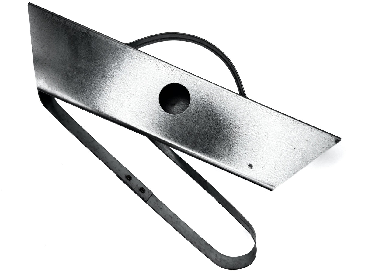 Top view of a galvanized sap bag holder with the bag frame swung open